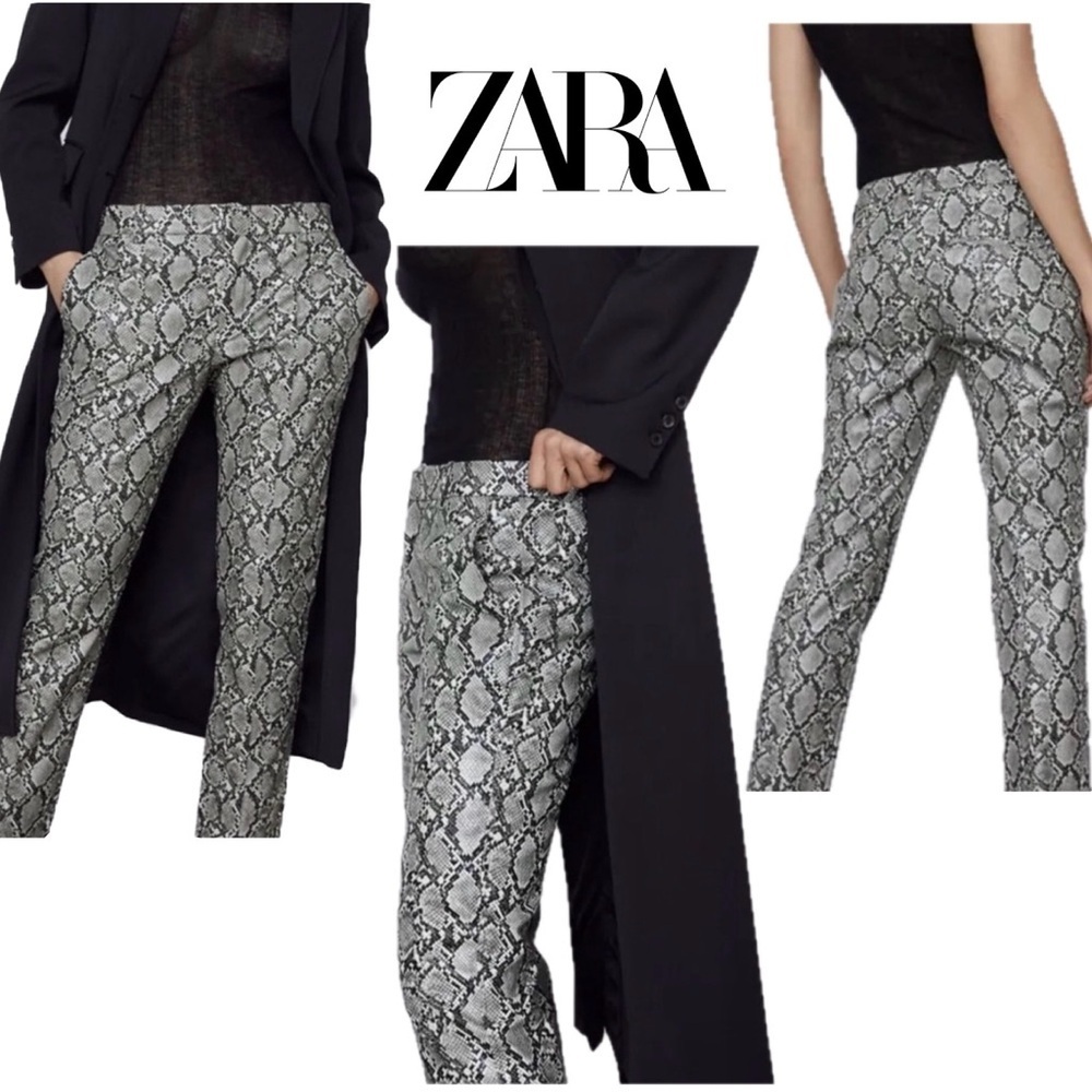Zara gray black ivory faux leather pleather snake print cropped trouser pants 🇨🇦